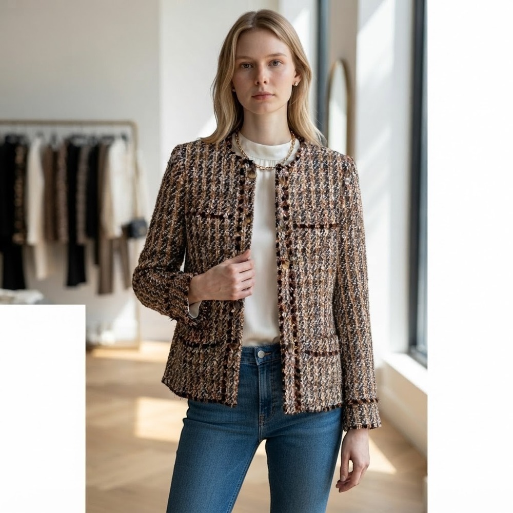 Ann Taylor Tweed Lady Jacket Womens 6 Brown Metallic Gold Fringe Blazer 838565